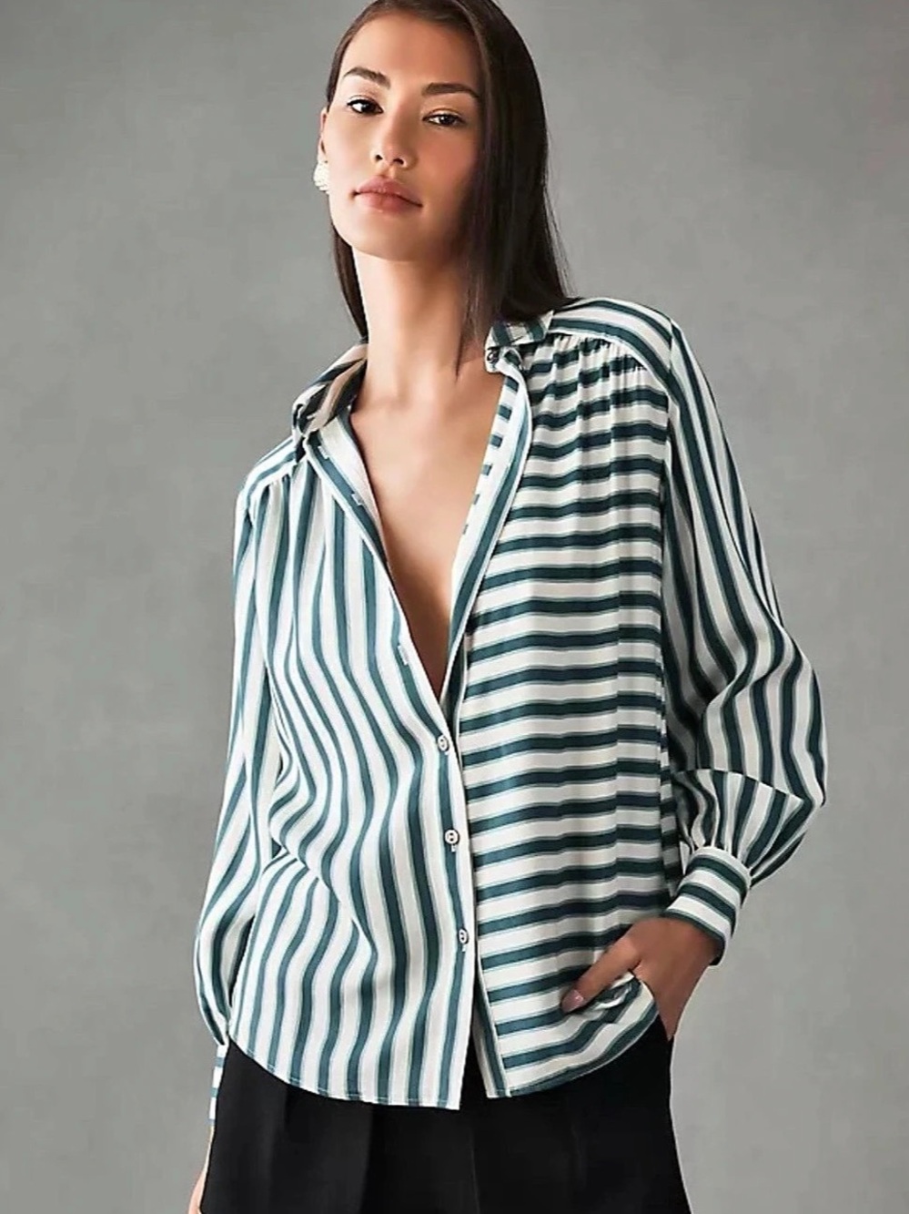 Maeve Anthropologie Silky Striped Button Down Blouse Green White L Like New
